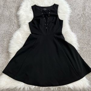 Express Black A line Deep V w mesh insert and gold studs cocktail party dress XS